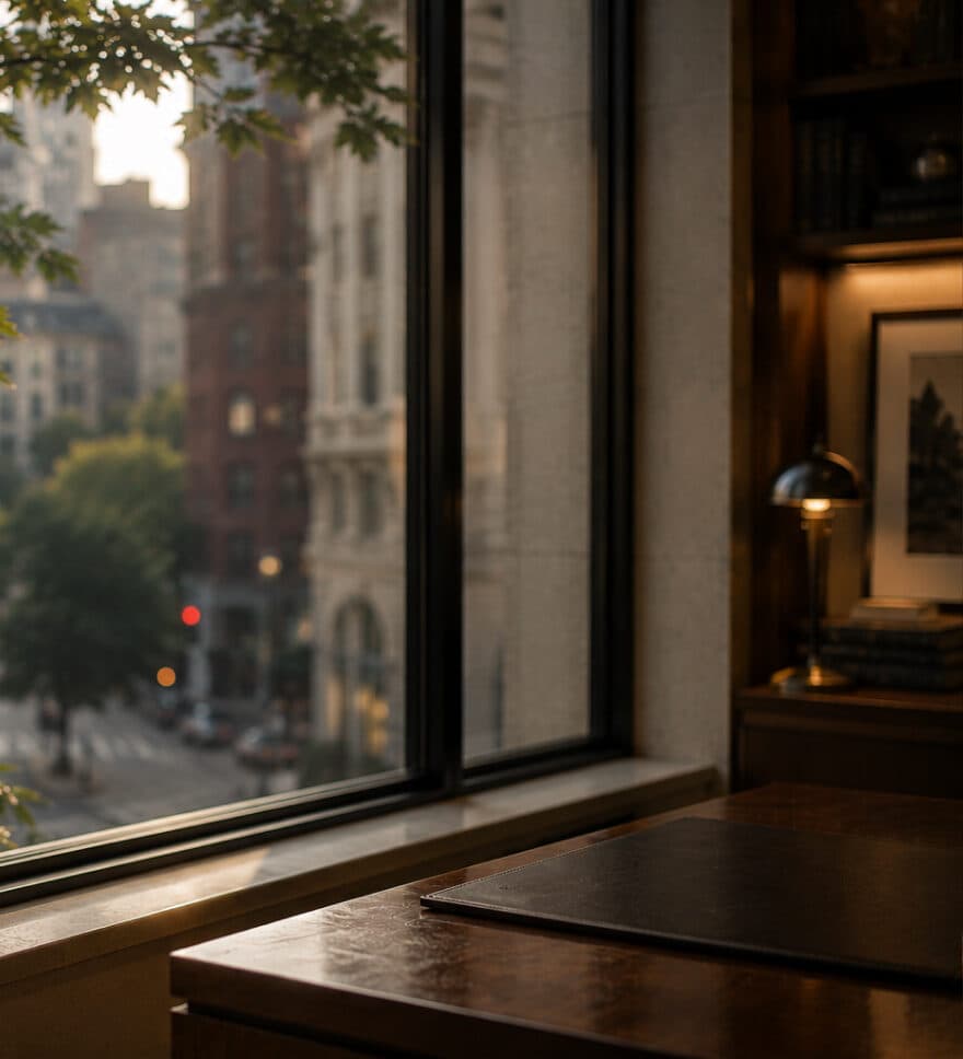 A quiet workspace overlooking the city