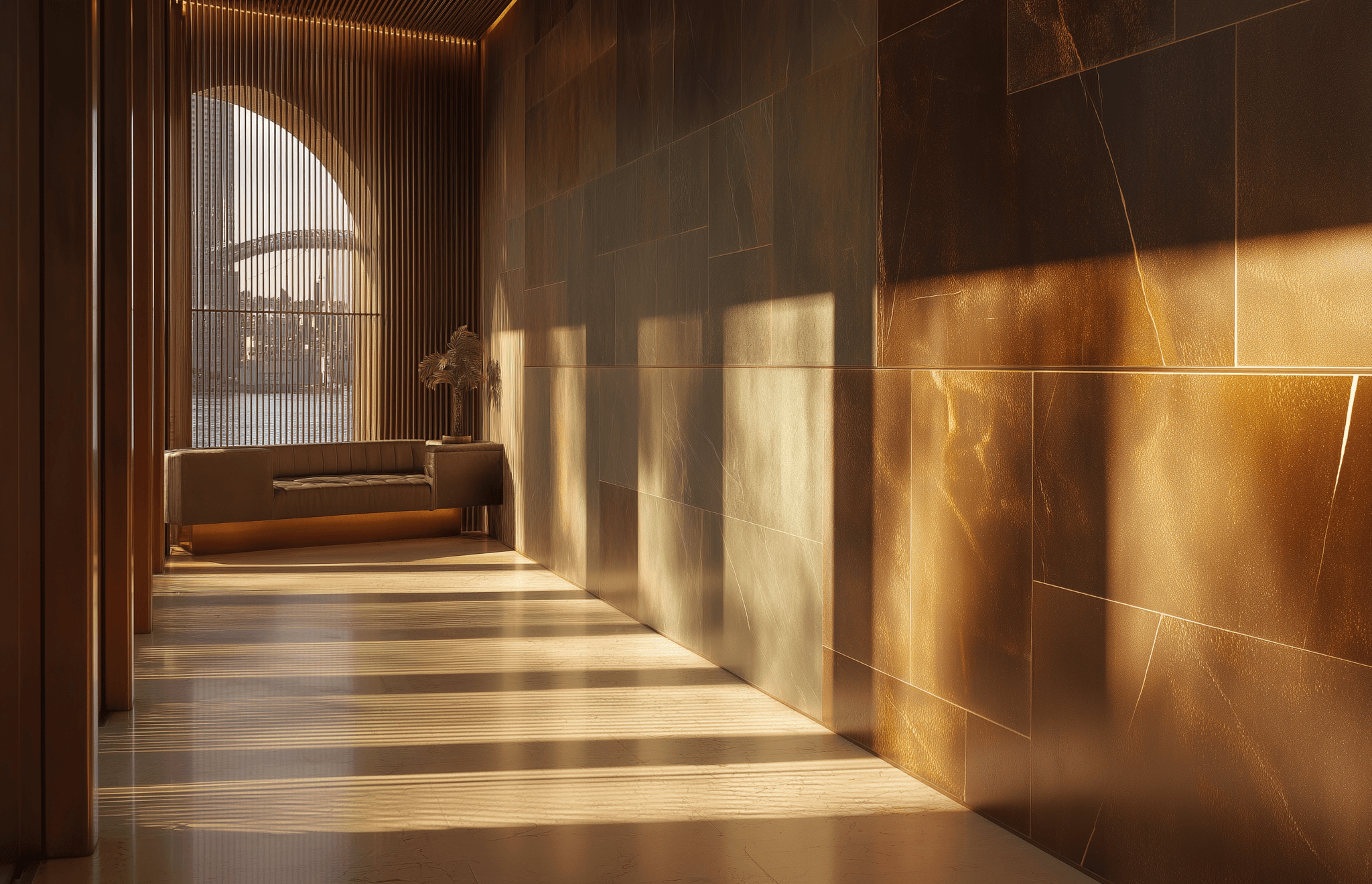 Hallway with a window onto city bridge view
